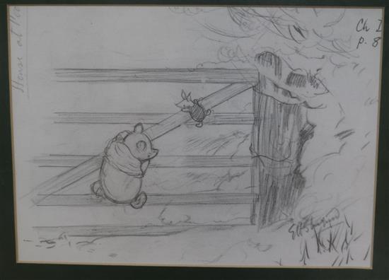 A reproduction of E H Shepherd Winnie the Pooh drawing, 19 x 27cm